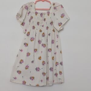 Cream Floral Smocked Square-Neck Dress